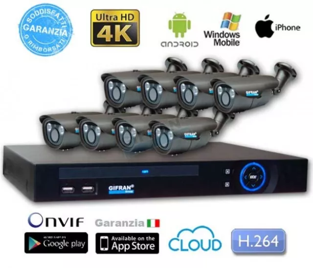 Kit Videosorveglianza IP 4MPX 8 Telecamere 4K 2 led Array varifocale telecamera