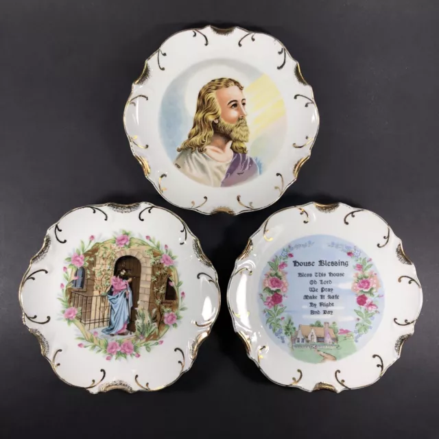 3pc VTG 1940s Japan Jesus House Blessing Christianity Decor Plate 8kt Gold Trim