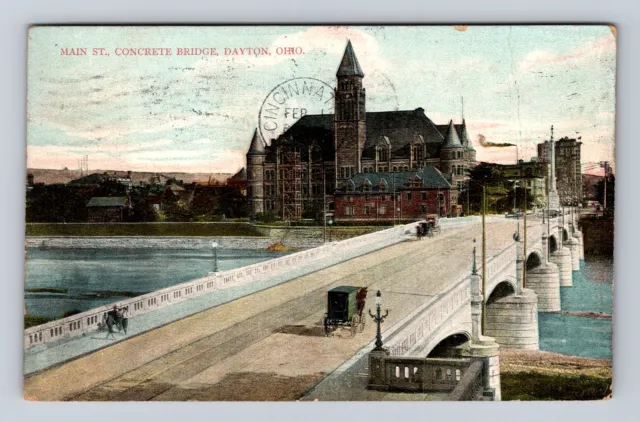 Dayton OH-Ohio, Main St. Concrete Bridge Horse & Carriage Vintage c1909 Postcard