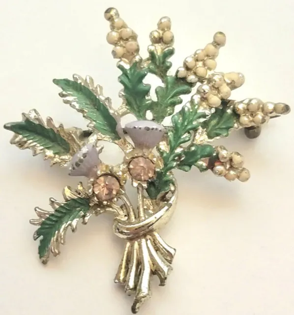 1950s Scottish Style Lucky White Heather w Purple Jewels Brooch By Exquisite.