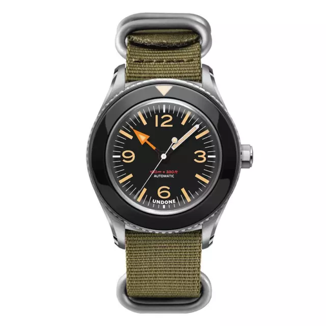 Undone Basecamp Vintage Army Automatico Acciaio Nero Tessuto Verde Orologio Uomo