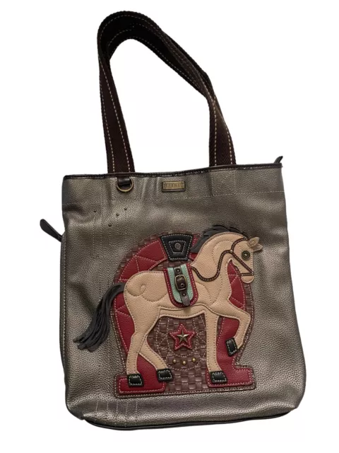 Chala Horse Hobo Tote Bag, Faux Leather Body With Fabric Straps Handbag Purse