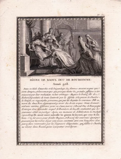 Gravure XVIIIe Règne de Raoul Duc de Bourgogne Roi des Francs 923 Comte Auxerre