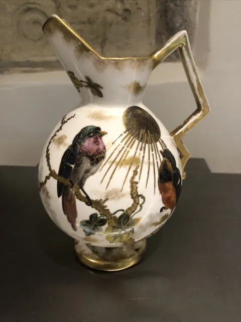 Royal Bonn Franz Anton Mehlem Aesthetic Movement Jug vase Lovely Bird Sun Gilt