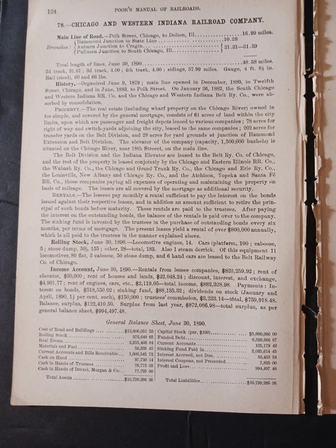 1891 train report CHICAGO AND WESTERN INDIANA RAILROAD Dolton Cragin Illinois
