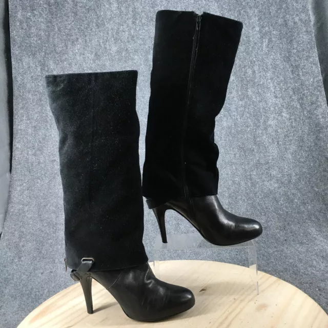 Nine West Boots Womens 11 M Fiorella Overlay Tall Riding Heels Black Leather Zip