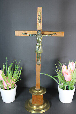 Antique French brass Wood carved art deco crucifix religious