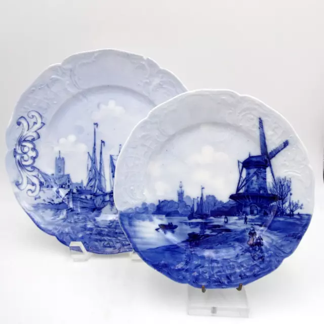 Pair of Rosenthal Delft Sanssouci Embossed Plates Nautical Windmill Blue White