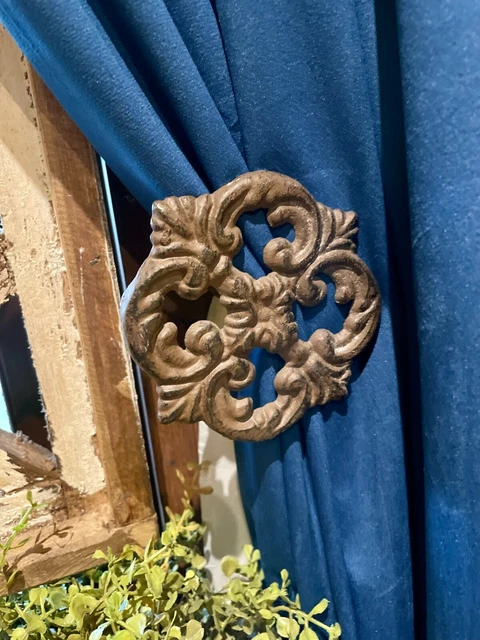 2; Vintage-Brown Cast Iron Ornate Medallion Curtain Tie Hold Backs Holdbacks NEW