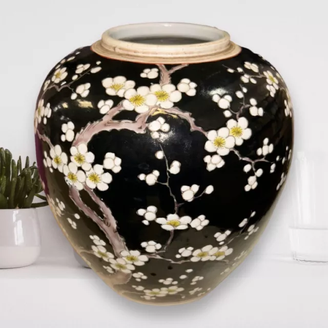 Vintage Nippon Black Vase With White Flower Blossoms On Japanese Porcelain