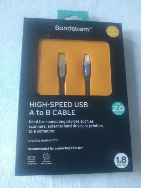 SANDSTROM SUSB18M12 Premium High Speed USB 2.0 A to B Cable - 1.8 m