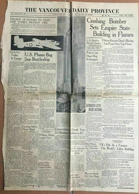 Canada 1945 USA Japan Plane Bomb Empire State Vancouver Daily Province Newspaper