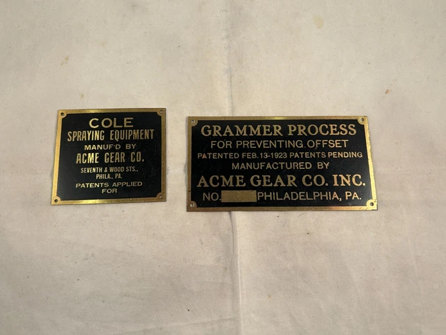 Pair of Vtg Metal Machine Labels, Acme Gear & Cole Spraying Equipment