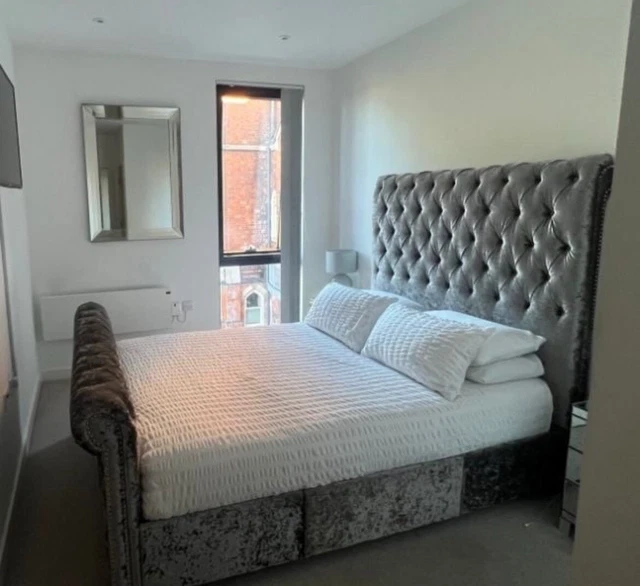 CRUSHED VELVET FABRIC Chesterfield Sleigh King size bed With mattress