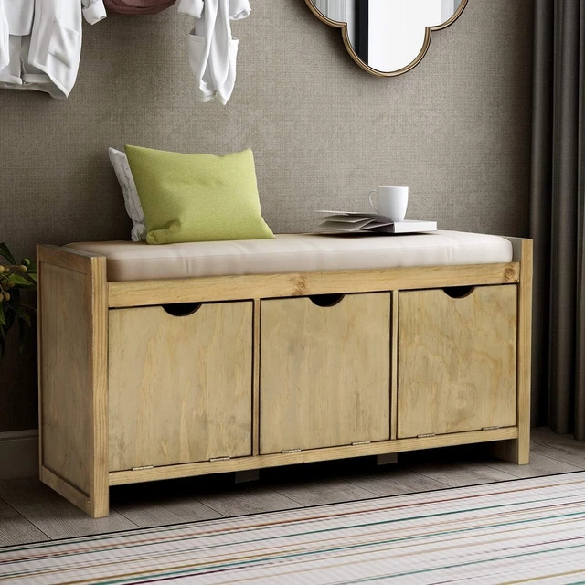 Ottoman Storage Bench Flip Lock Storage Cubbies Linen Fabric Removable Cushions