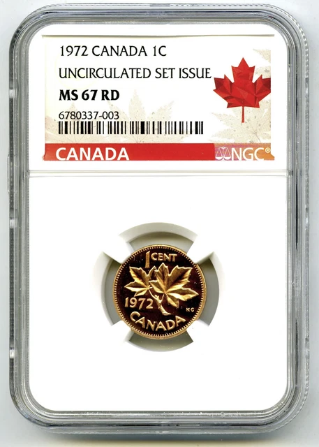 1972 Canada One Cent Ngc Ms67 Rd Uncirculated Copper Penny Red Maple Leaf Label