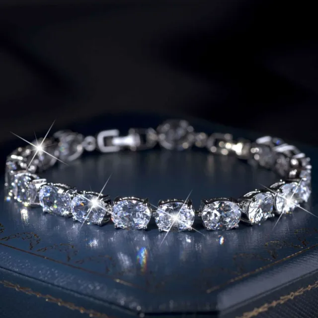 18k white gold gf oval simulated diamond iced bling tennis chain bracelet