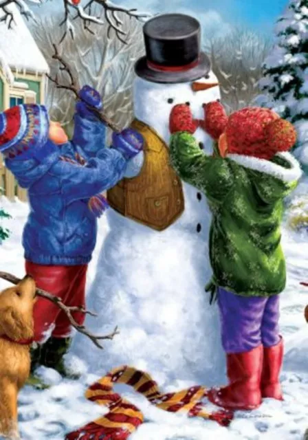 Building a Snowman, Winter Kids, Dog, Garden Flag 12"x18", Custom Decor, 2 Sided