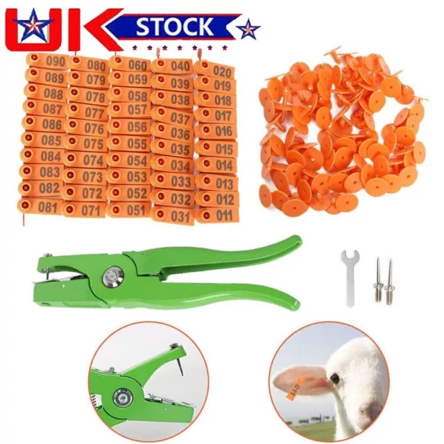100x Orange Puncher Mark Ear Tags for Pig Sheep Cow + Livestock Ear Tag Plier UK