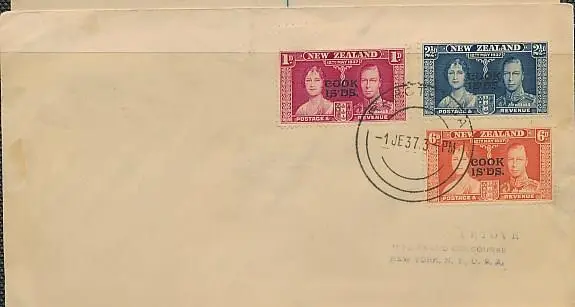 COOK IS 1937 KGVI CORONATION   Sc 109-11 FDC