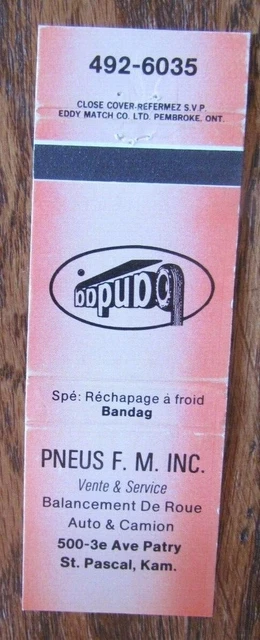 Bandag Tires Matchbook Cover: Pneus Fm St. Pascal, Quebec Empty Matchcover -D2