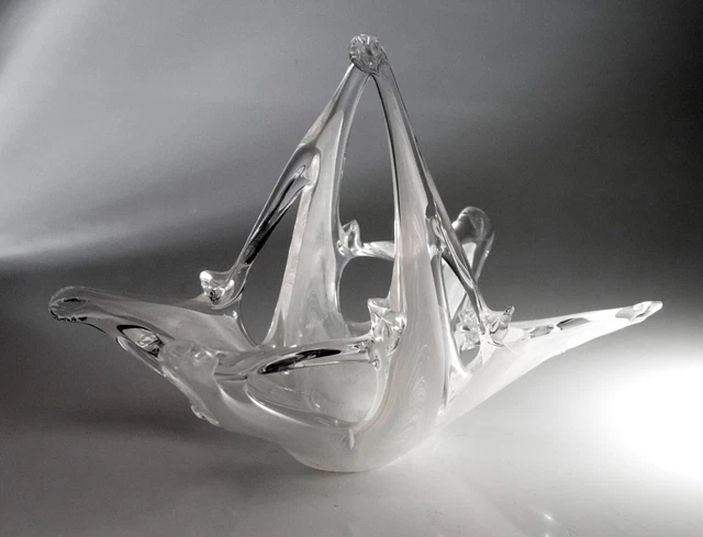 Italian Style Crystal Glass 'Splash' Bowl or Basket, Hand Blown, Clear & Opal