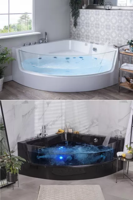 Lujo whirlpool Bañera Con Cristal LED Grifería Frontal Angular Negro Blanco