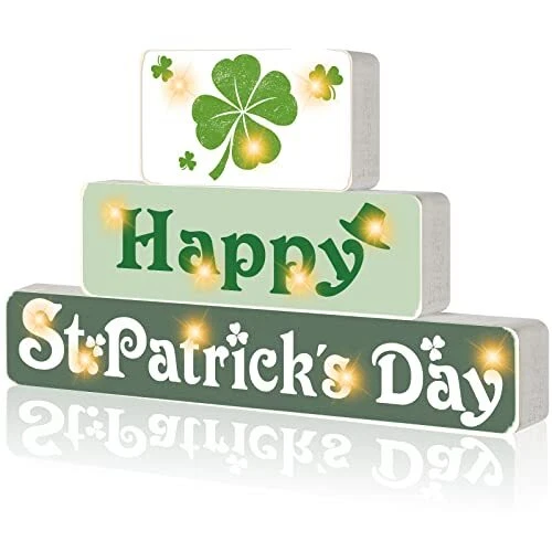 St. Patrick's Day Wooden Block with Lighted Happy St. Patrick's Day Wood Sign