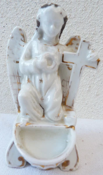 Objet Religieux Benitier A Poser  Faïence Ange A La Croix