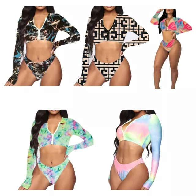 Long Sleeve Rash Guard Swimsuit Two 3D Print Bathing Suits for Women