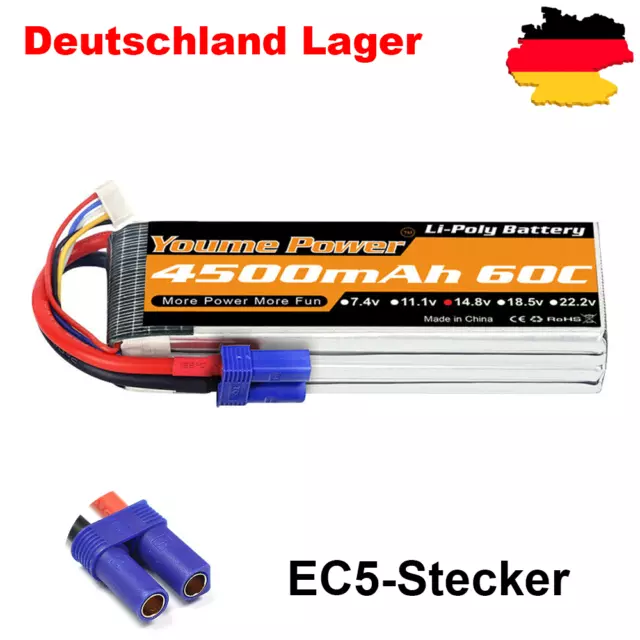 Youme 14,8V EC5 4S 4500mAh 60C Lipo Batterie für RC Flugzeug Drohne Auto Akku DE