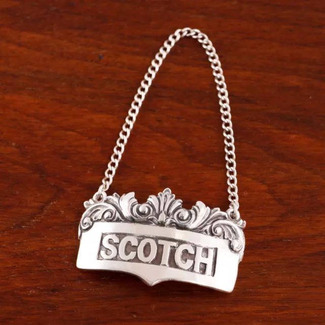 Heavy American Sterling Silver Bottle Tag Scrollwork "Scotch " No Monogram