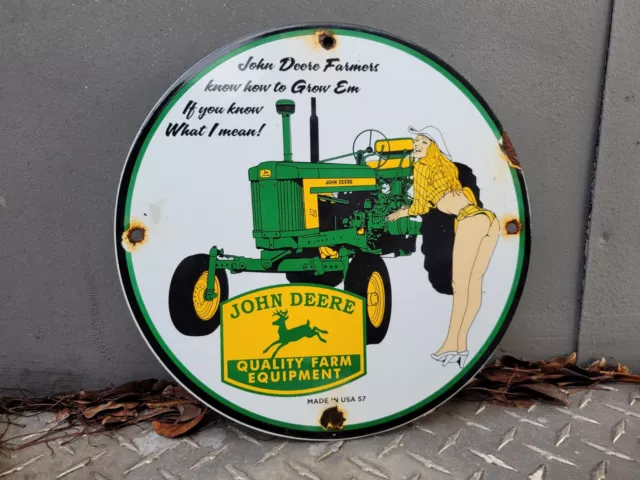 Vintage 1957 John Deere Porcelain Sign Intl Harvester Farm Tractor Gas Oil Girl