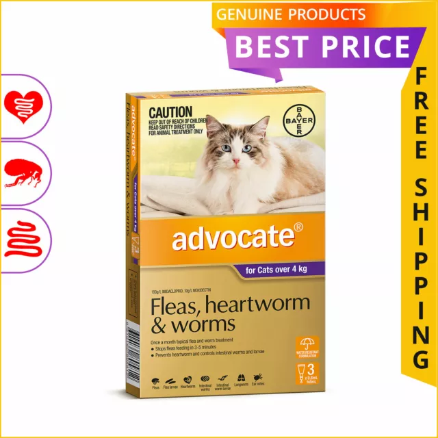 ADVOCATE for Cats Over 4 Kg PURPLE Heartworm Flea and Worm Prevention 3 Doses