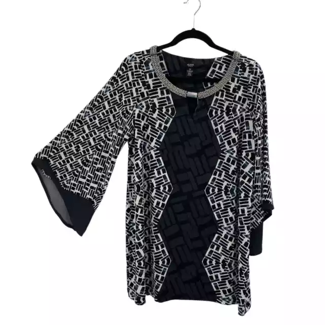 Alfani 0X Tunic Embellished Neck Geometric Illusion Bell Sleeves Stretch Jersey