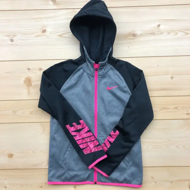 Nike Gray/Black Dri-Fit Full Zip Pink Nike Logo Hooded Jacket Girl's Size M