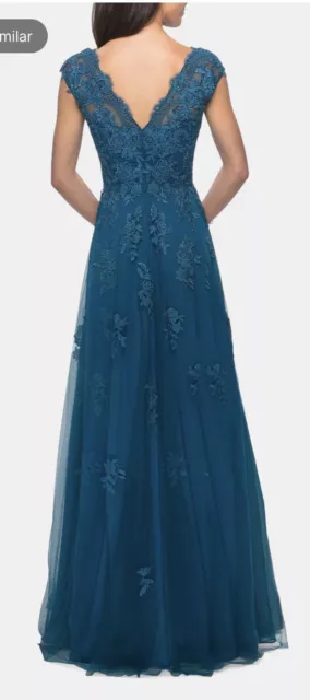 New La Femme Cascading Embellishment Short Sleeve Lace Gown In Teal Sz 8 $599 2