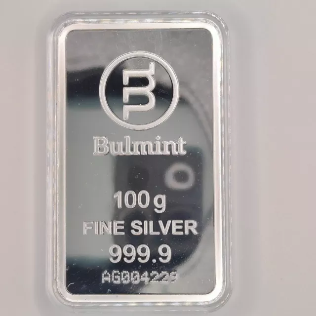 Bulmint Silberbarren. 100 Gramm reines 999,9 Silber