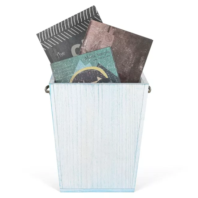 Blue Wood Trash Can Farmhouse Waste Bin Basket w/ Handle for Home Office Kitchen