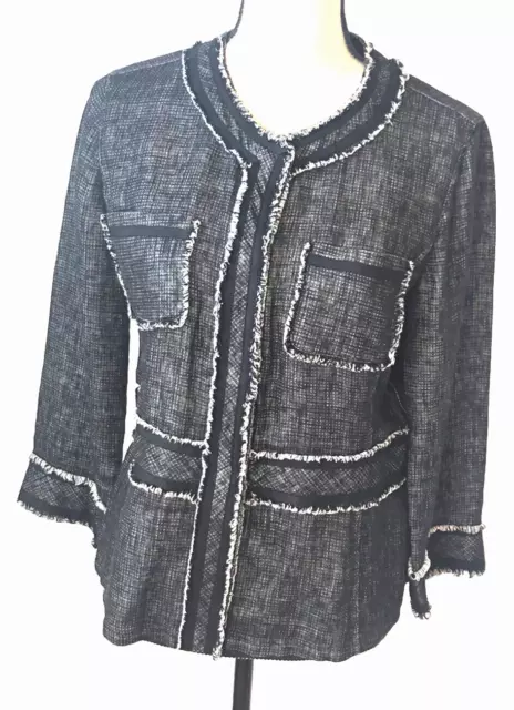LAFAYETTE 148 NEW YORK Jacket Sz 6 Linen Long Sleeve Black Tweed Blazer Fringe