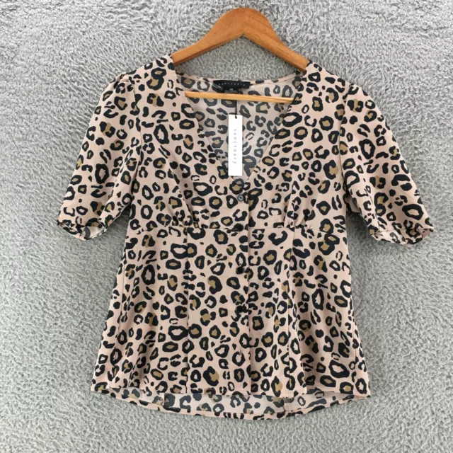 Sanctuary Leopard Print Blouse Top Womens XS Beige Button Up V-Neck Cropped NWT