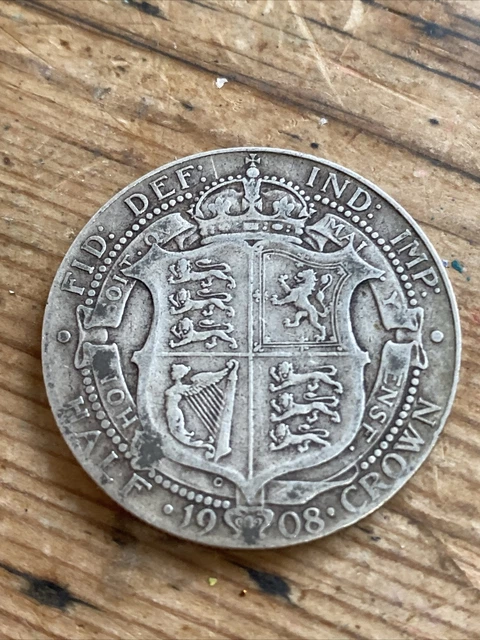Rare Great Grade 1908 Edward VII Silver Half Crown, .925 Silver