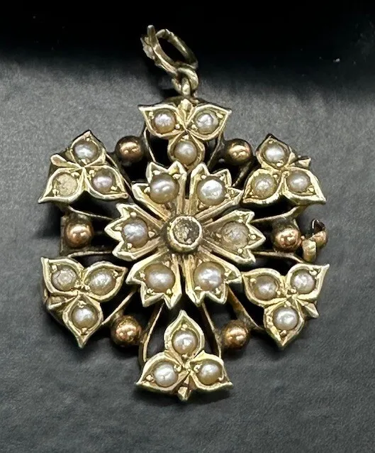 9ct Gold Pearl PENDANT Brooch Flower Starburst 6.4g Victorian Signed UK HallMark