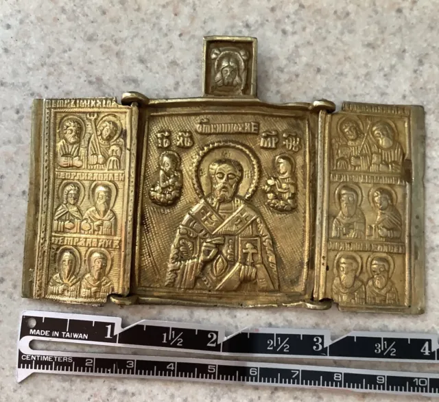 Small Antique Brass Travel Icon Russian St Nicholas Myra Triptych