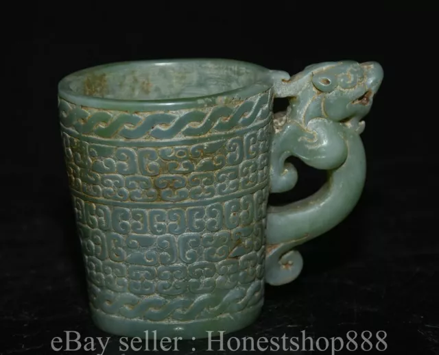 3.6” Rare Old Chinese Green Jade Carving Dynasty Palace Pixiu Beast Cann Goblet