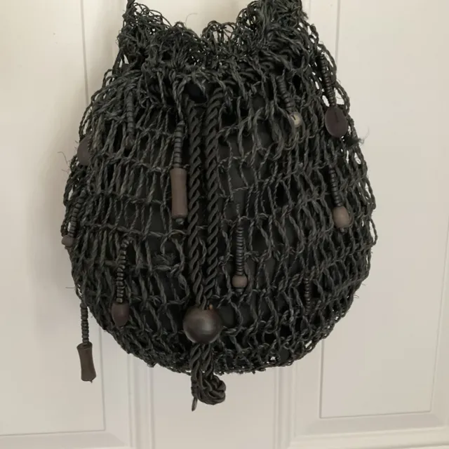 Black Woven Straw Purse Bag Soft Rope Drawstring Close Wood BeadHippie Boho Used