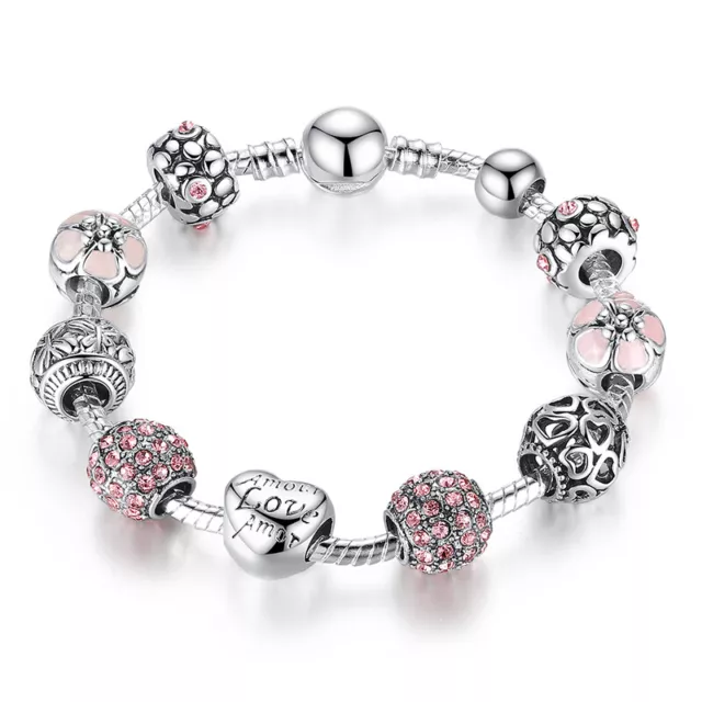 European Women 925 Silver Plated Heart Charm Bracelet With Glass Beads Jewelry