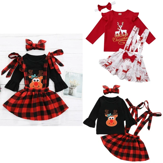 Infant Baby Girls Christmas Outfits Kids Tops Plaid Suspender Skirt Set Clothes