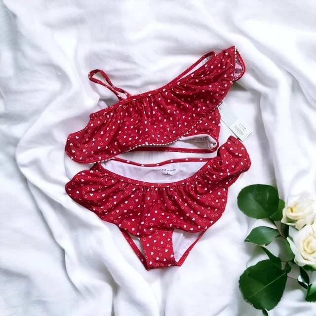 Janie and Jack Little Girl's & Girl's red 2-Piece hearts Ruffle Swimsuit Sz 8