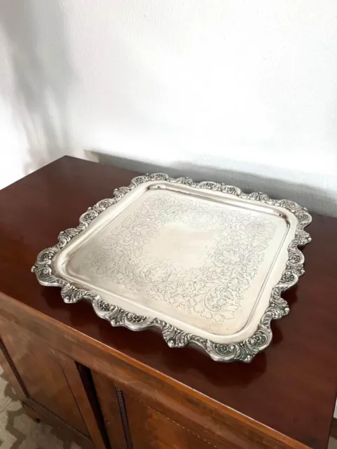 Vintage Large Silverplate Ornate Footed Square Tray By Poole Co. 814
